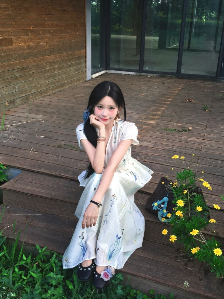 Sweet A-Line V Neck Floral Maxi Dress Rural Photoshoots 2-Piece Set Cinched-Waist Long Dress AP4029