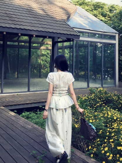 Sweet A-Line V Neck Floral Maxi Dress Rural Photoshoots 2-Piece Set Cinched-Waist Long Dress AP4029