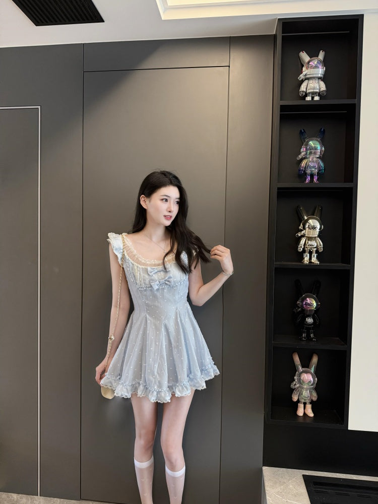 Cute A-Line Square Neck Polka Dots Ruffles Hem Mini Skirt Glam Bows Lace Trim  Short Dress AP4030