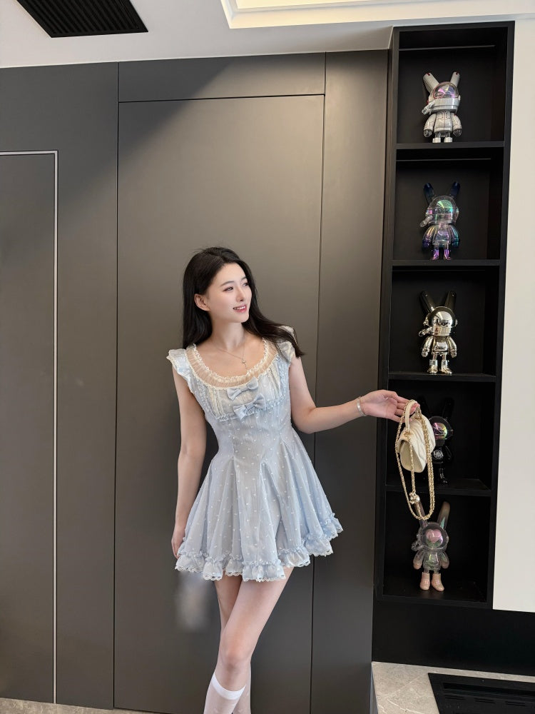 Cute A-Line Square Neck Polka Dots Ruffles Hem Mini Skirt Glam Bows Lace Trim  Short Dress AP4030