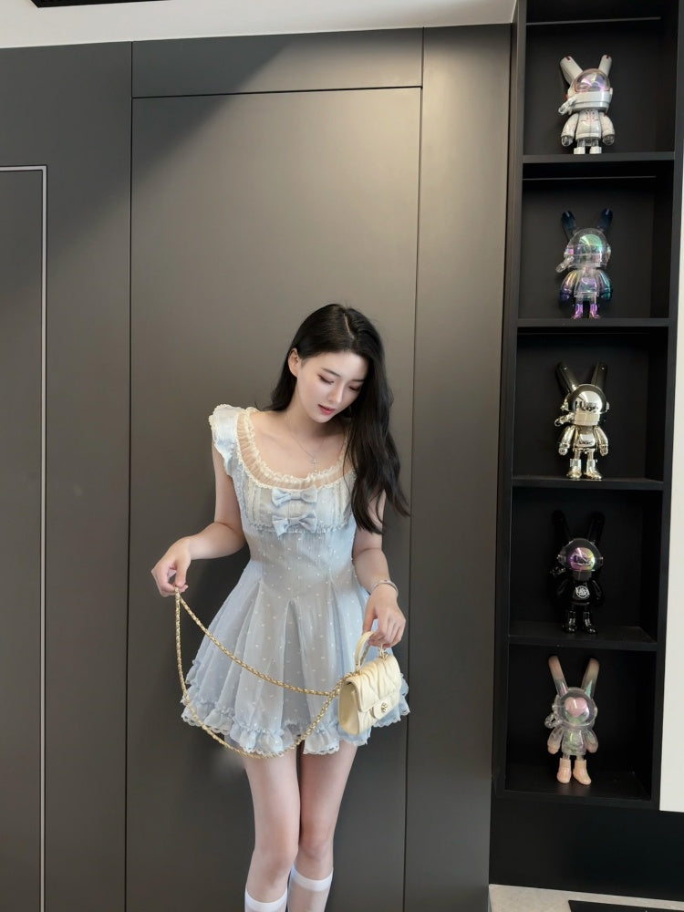 Cute A-Line Square Neck Polka Dots Ruffles Hem Mini Skirt Glam Bows Lace Trim  Short Dress AP4030