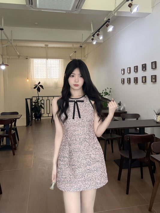 Vintage A-Line Jewel Neck Bow Accent Mini Skirt Charming Tweed Cinched-Waist Short Dress AP4031