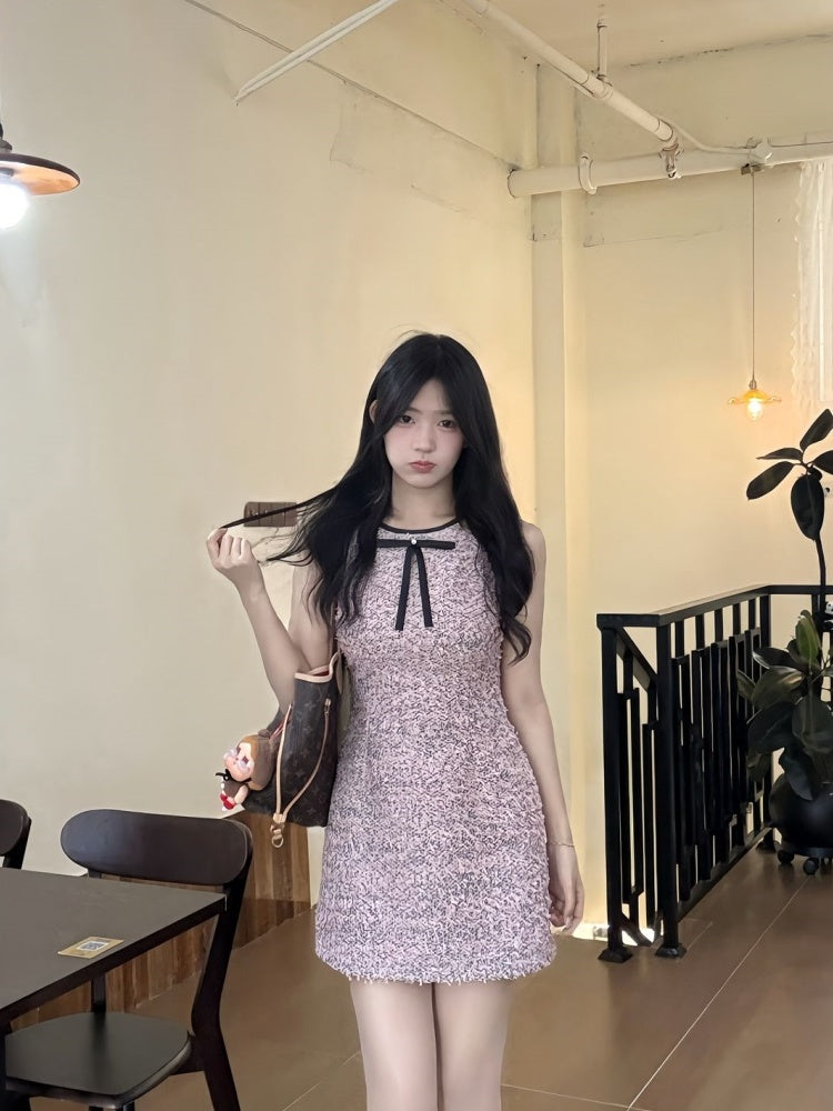 Vintage A-Line Jewel Neck Bow Accent Mini Skirt Charming Tweed Cinched-Waist Short Dress AP4031