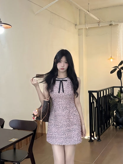 Vintage A-Line Jewel Neck Bow Accent Mini Skirt Charming Tweed Cinched-Waist Short Dress AP4031