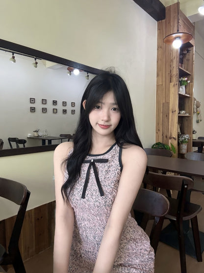 Vintage A-Line Jewel Neck Bow Accent Mini Skirt Charming Tweed Cinched-Waist Short Dress AP4031