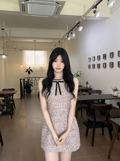 Vintage A-Line Jewel Neck Bow Accent Mini Skirt Charming Tweed Cinched-Waist Short Dress AP4031