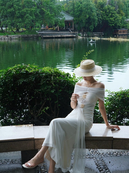 Artistic Off-Shoulder Sheath Maxi Dresses Elegant Sash Lace Trim White Long Dress AP4032