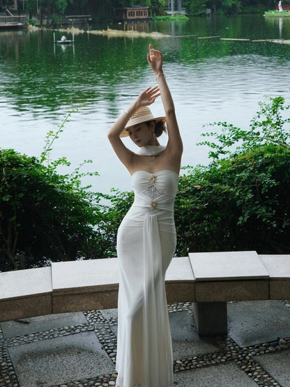 Artistic Off-Shoulder Sheath Maxi Dresses Elegant Sash Lace Trim White Long Dress AP4032