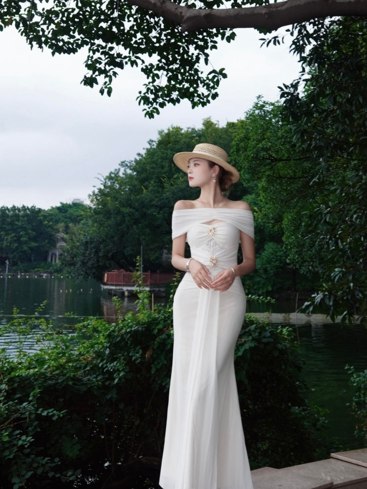 Artistic Off-Shoulder Sheath Maxi Dresses Elegant Sash Lace Trim White Long Dress AP4032