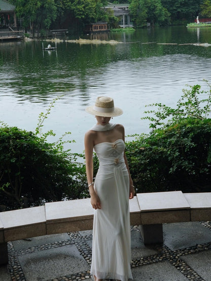 Artistic Off-Shoulder Sheath Maxi Dresses Elegant Sash Lace Trim White Long Dress AP4032