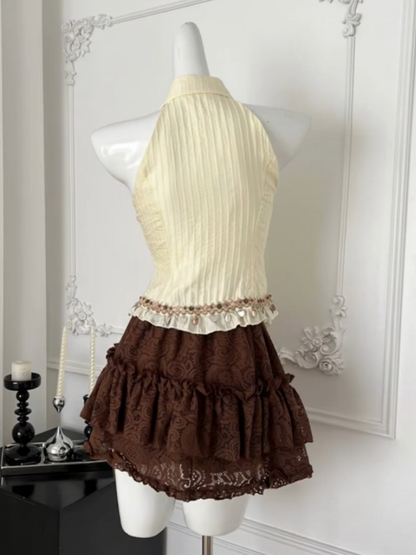 Ethereal A-Line 2-Piece Set Lapel Neck Mini Skirt Adorable Lace Trim Ruffles Tiered Short Dress AP4034