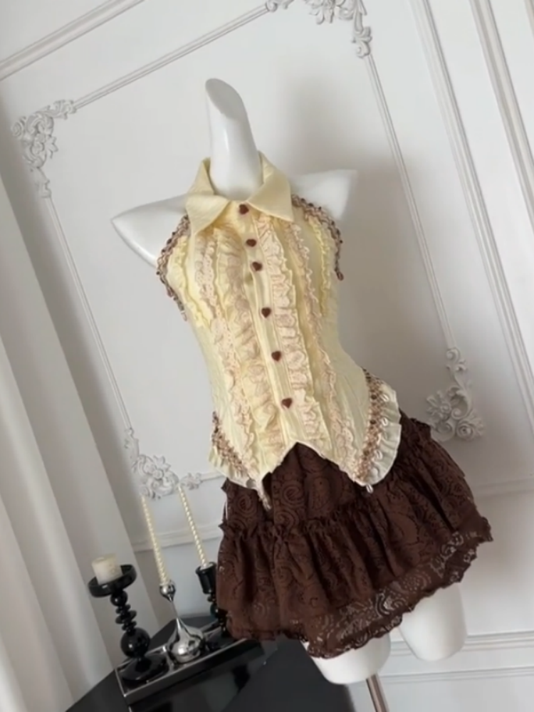 Ethereal A-Line 2-Piece Set Lapel Neck Mini Skirt Adorable Lace Trim Ruffles Tiered Short Dress AP4034