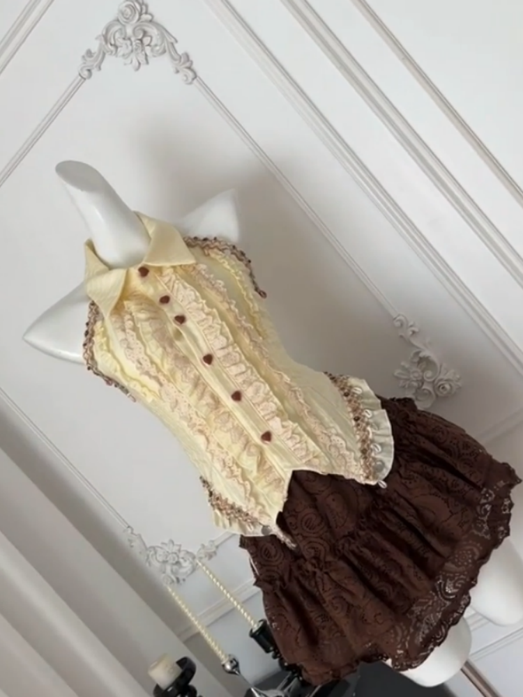 Ethereal A-Line 2-Piece Set Lapel Neck Mini Skirt Adorable Lace Trim Ruffles Tiered Short Dress AP4034