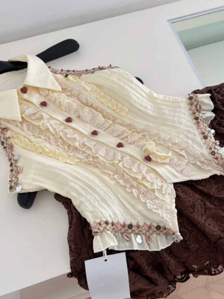 Ethereal A-Line 2-Piece Set Lapel Neck Mini Skirt Adorable Lace Trim Ruffles Tiered Short Dress AP4034