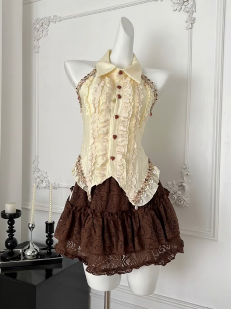 Ethereal A-Line 2-Piece Set Lapel Neck Mini Skirt Adorable Lace Trim Ruffles Tiered Short Dress AP4034