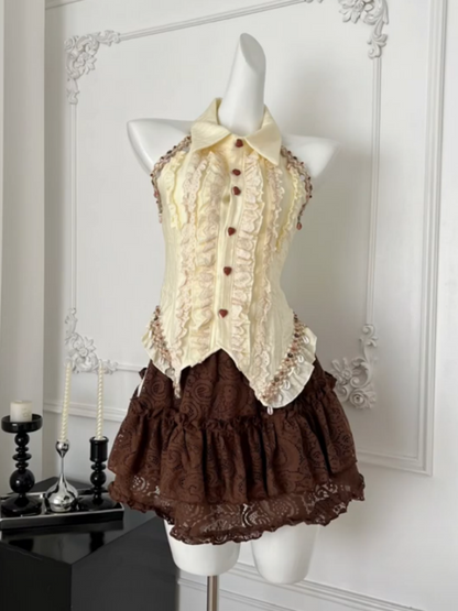 Ethereal A-Line 2-Piece Set Lapel Neck Mini Skirt Adorable Lace Trim Ruffles Tiered Short Dress AP4034