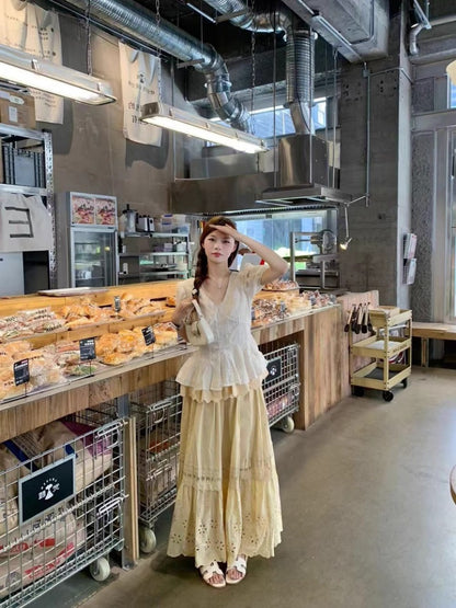 Alluring A-Line V Neck Rural Photoshoots Maxi Dress Sweet 2-Piece Set Short Sleeve Ruffles Cutout Long Dress AP4035