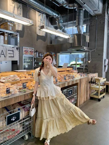 Alluring A-Line V Neck Rural Photoshoots Maxi Dress Sweet 2-Piece Set Short Sleeve Ruffles Cutout Long Dress AP4035