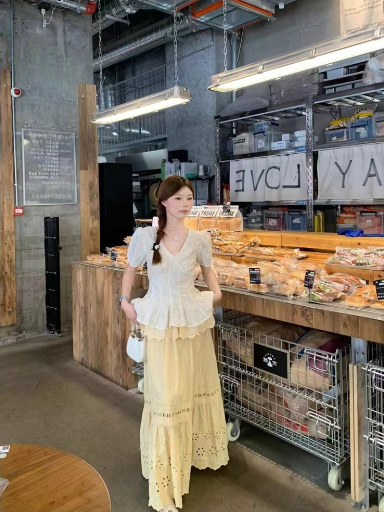 Alluring A-Line V Neck Rural Photoshoots Maxi Dress Sweet 2-Piece Set Short Sleeve Ruffles Cutout Long Dress AP4035