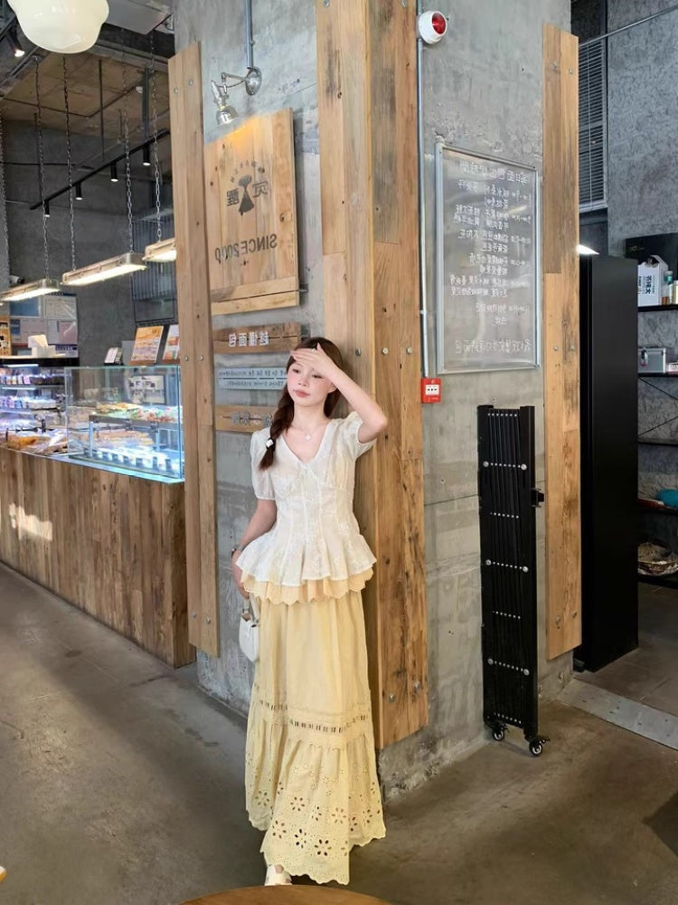 Alluring A-Line V Neck Rural Photoshoots Maxi Dress Sweet 2-Piece Set Short Sleeve Ruffles Cutout Long Dress AP4035