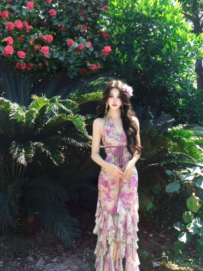 Gorgeous Halter Neck Sheath Floral Print Maxi Dress Alluring Ruffles Slit Cinched-Waist Long Dress AP4036