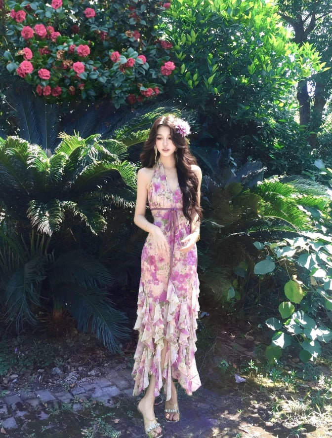 Gorgeous Halter Neck Sheath Floral Print Maxi Dress Alluring Ruffles Slit Cinched-Waist Long Dress AP4036