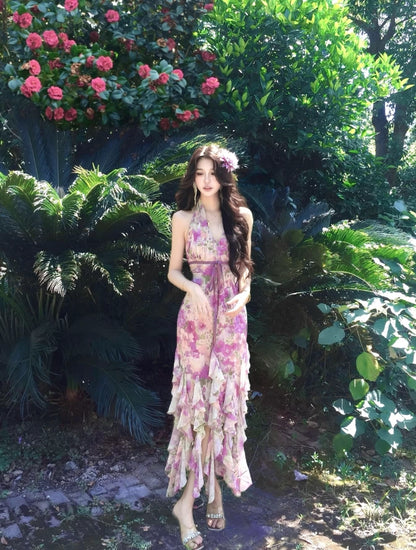 Gorgeous Halter Neck Sheath Floral Print Maxi Dress Alluring Ruffles Slit Cinched-Waist Long Dress AP4036