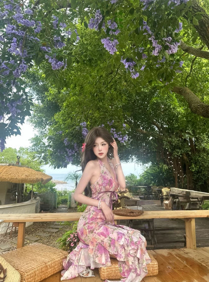 Gorgeous Halter Neck Sheath Floral Print Maxi Dress Alluring Ruffles Slit Cinched-Waist Long Dress AP4036