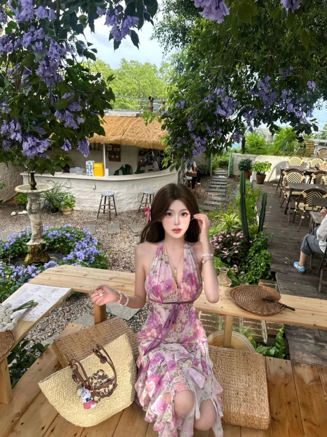 Gorgeous Halter Neck Sheath Floral Print Maxi Dress Alluring Ruffles Slit Cinched-Waist Long Dress AP4036