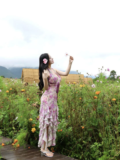 Gorgeous Halter Neck Sheath Floral Print Maxi Dress Alluring Ruffles Slit Cinched-Waist Long Dress AP4036