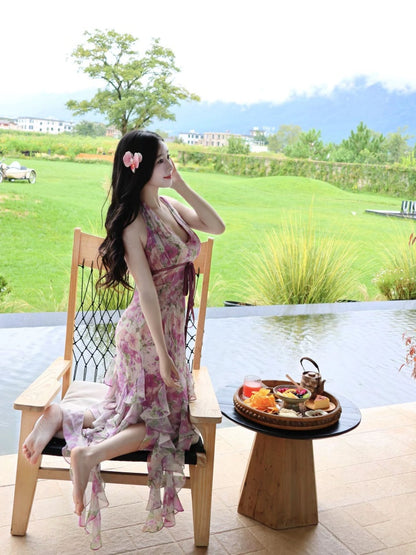 Gorgeous Halter Neck Sheath Floral Print Maxi Dress Alluring Ruffles Slit Cinched-Waist Long Dress AP4036