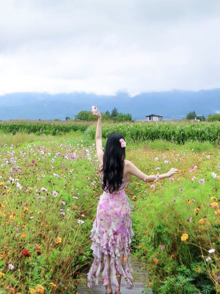 Gorgeous Halter Neck Sheath Floral Print Maxi Dress Alluring Ruffles Slit Cinched-Waist Long Dress AP4036