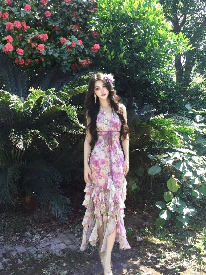Gorgeous Halter Neck Sheath Floral Print Maxi Dress Alluring Ruffles Slit Cinched-Waist Long Dress AP4036