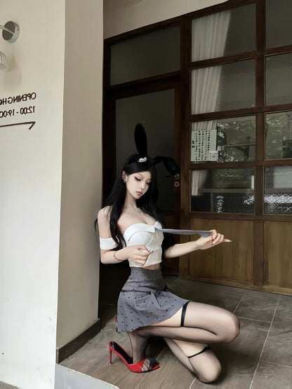 Glam Off-Shoulder Tie Bodice 2-Piece Set Mini Skirt Trendy A-Line Polka Dots Pleated Short Dress AP4037