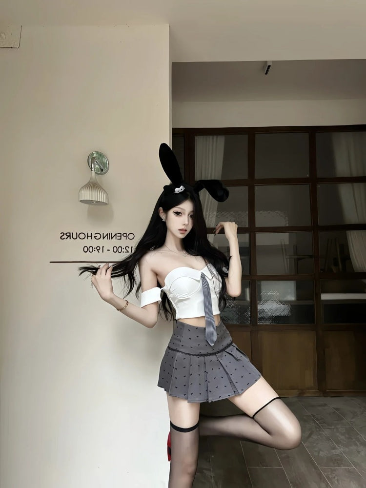 Glam Off-Shoulder Tie Bodice 2-Piece Set Mini Skirt Trendy A-Line Polka Dots Pleated Short Dress AP4037