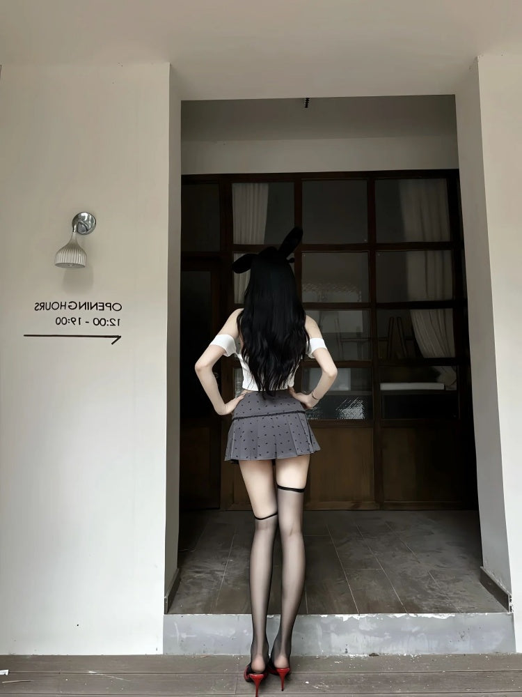 Glam Off-Shoulder Tie Bodice 2-Piece Set Mini Skirt Trendy A-Line Polka Dots Pleated Short Dress AP4037