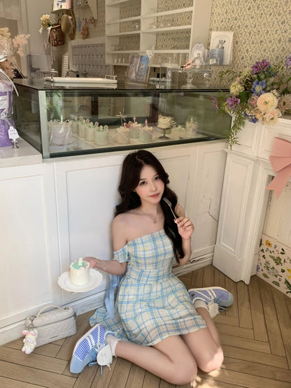 Stunning Off-Shoulder Plaid Draped Mini Skirt Sweet A-Line Ribbon Bow Short Dress AP4040