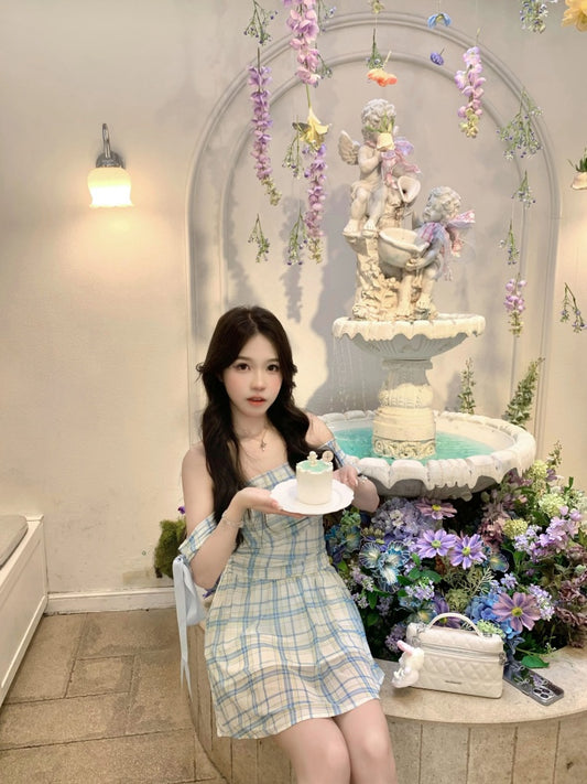 Stunning Off-Shoulder Plaid Draped Mini Skirt Sweet A-Line Ribbon Bow Short Dress AP4040