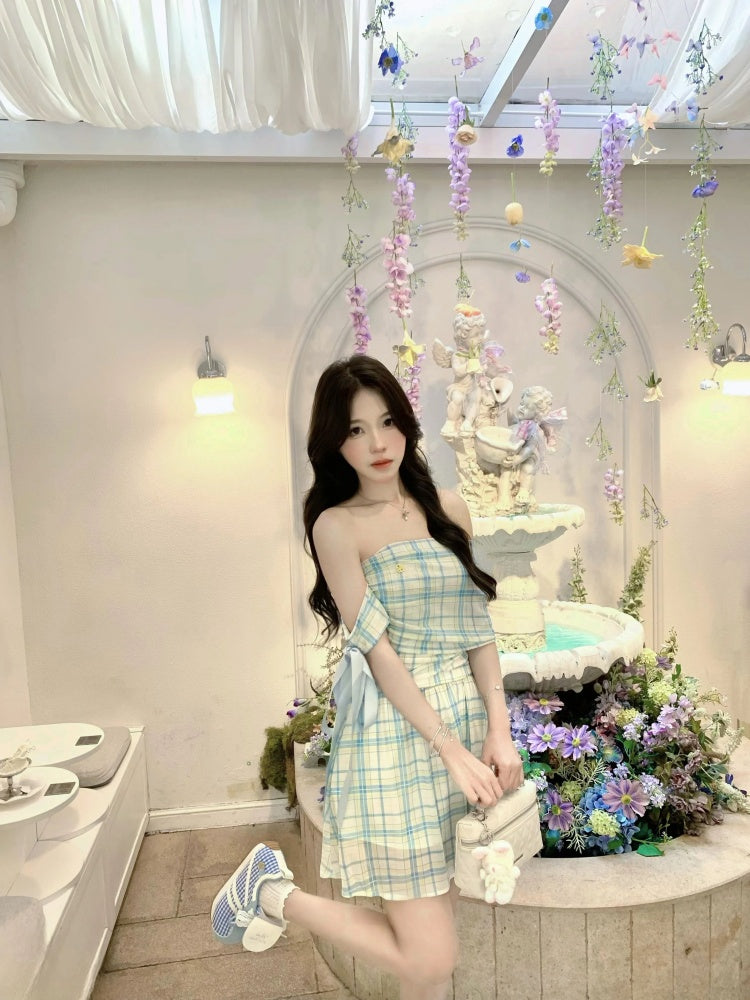 Stunning Off-Shoulder Plaid Draped Mini Skirt Sweet A-Line Ribbon Bow Short Dress AP4040