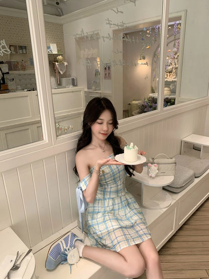 Stunning Off-Shoulder Plaid Draped Mini Skirt Sweet A-Line Ribbon Bow Short Dress AP4040