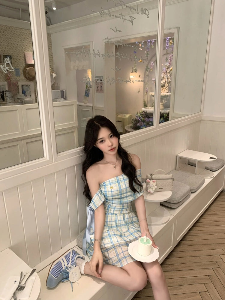 Stunning Off-Shoulder Plaid Draped Mini Skirt Sweet A-Line Ribbon Bow Short Dress AP4040