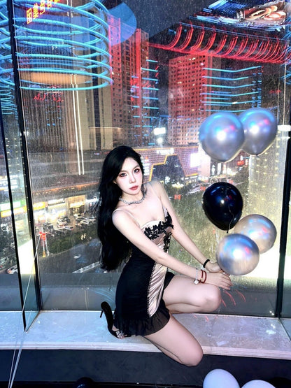 Novelty Spaghetti Strap Floral Ruffles Trim Mini Skirt Sexy Bodycon Birthday Party Short Dress AP4041