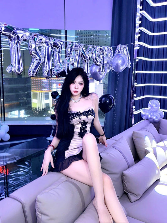 Novelty Spaghetti Strap Floral Ruffles Trim Mini Skirt Sexy Bodycon Birthday Party Short Dress AP4041