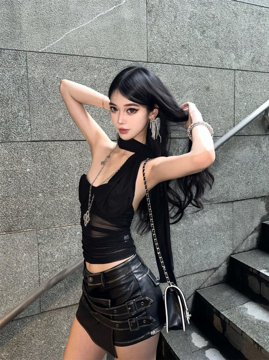 Unique 2-Piece Set Sheer Tulle Bodice Leather Mini Skirt Cool Asymmetric Hem Halter Short Dress AP4042