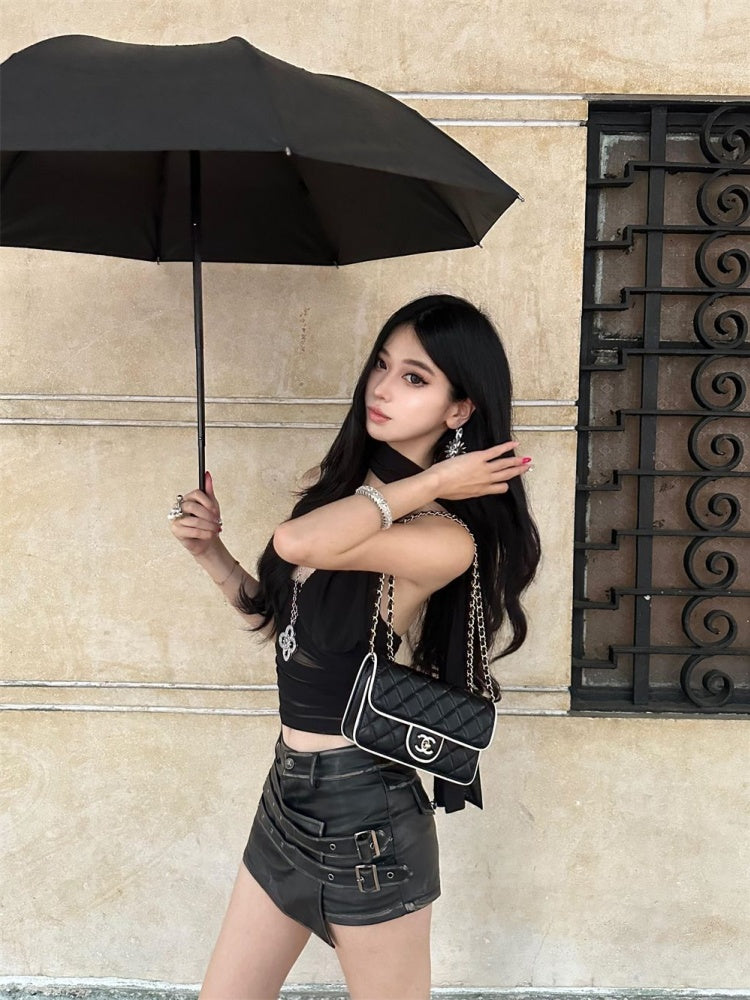 Unique 2-Piece Set Sheer Tulle Bodice Leather Mini Skirt Cool Asymmetric Hem Halter Short Dress AP4042