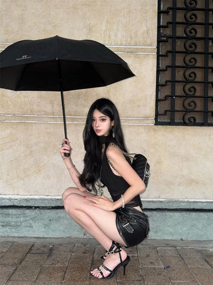 Unique 2-Piece Set Sheer Tulle Bodice Leather Mini Skirt Cool Asymmetric Hem Halter Short Dress AP4042