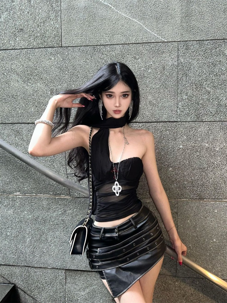 Unique 2-Piece Set Sheer Tulle Bodice Leather Mini Skirt Cool Asymmetric Hem Halter Short Dress AP4042