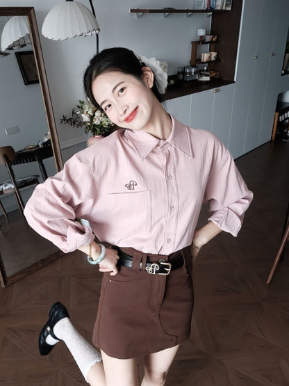 Wonderful Long Sleeve Lapel Neck Brown Mini Skirt Retro Pink Shirt 2-Piece Set Sheath Short Dress AP4013