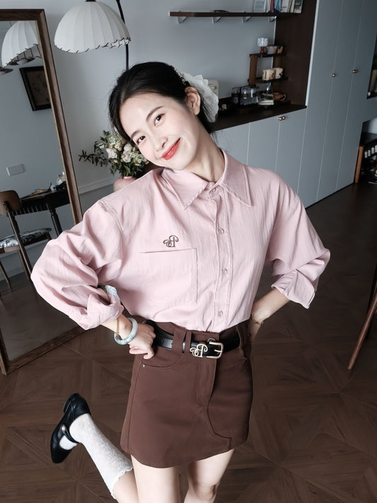 Wonderful Long Sleeve Lapel Neck Brown Mini Skirt Retro Pink Shirt 2-Piece Set Sheath Short Dress AP4013