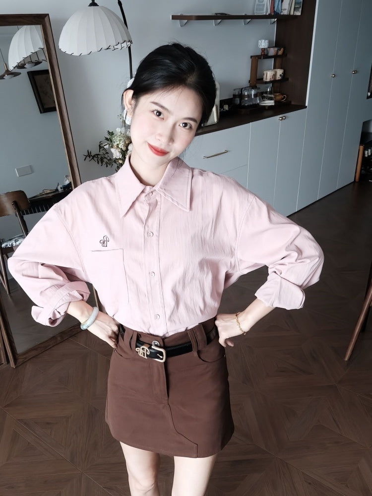 Wonderful Long Sleeve Lapel Neck Brown Mini Skirt Retro Pink Shirt 2-Piece Set Sheath Short Dress AP4013